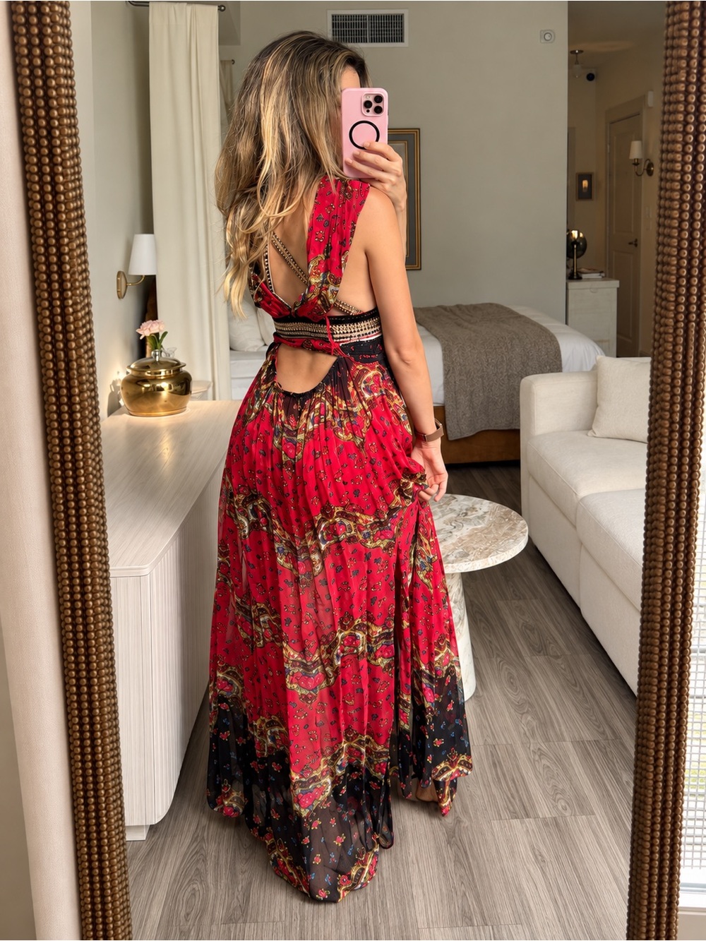 Free People New Romantics Red Boho Embellished Open Back Maxi Dress Size 0